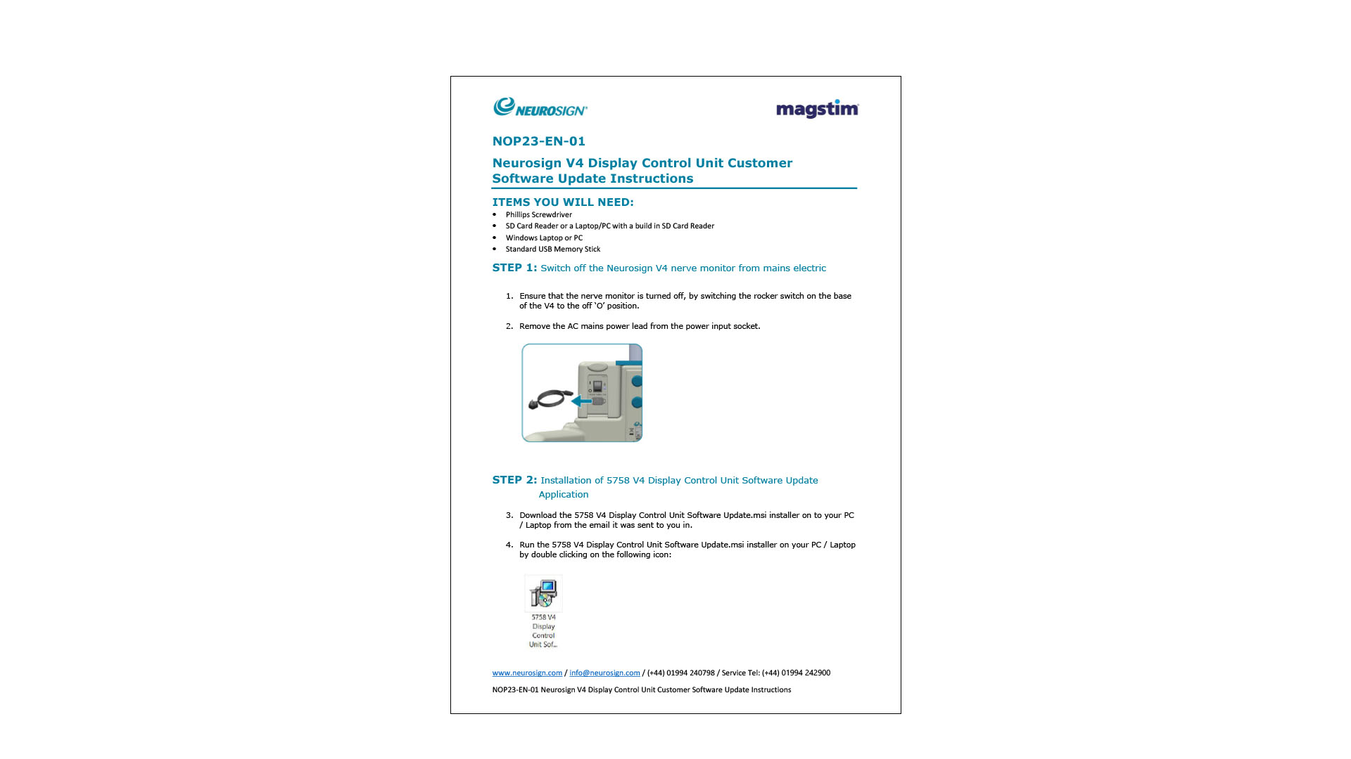 NOP23-EN-01 Neurosign® V4 Display Control Unit Customer Software Update Instructions